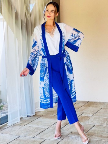 Dámsky modrý kostým nohavice + kimono pre moletky