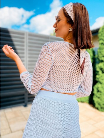 Dámsky háčkovaný komplet crop top + nohavice - biely